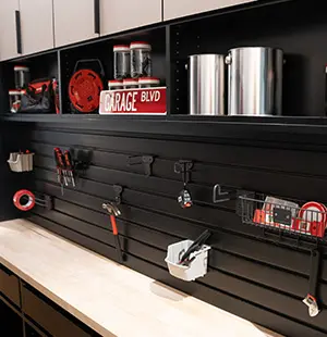 Slatwall Organizer in black in garage built in