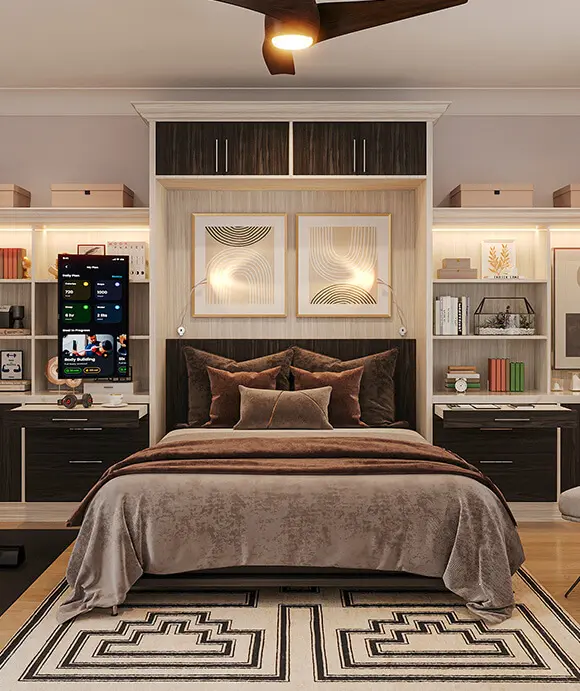 Modern bedroom featuring a custom built-in Murphy Bed with overhead storage