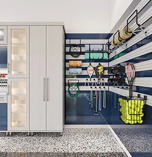Custom garage organization system with tall cabinetry, wall-mounted sports racks, and modular accessories for tools, gear, and equipment