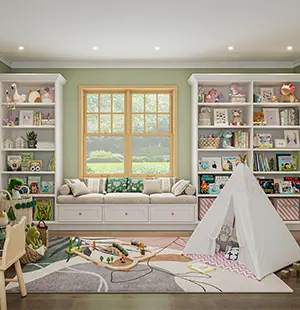 Bright and cheerful playroom with built-in white shelving, a window seat, and a children’s play tent on a colorful area rug