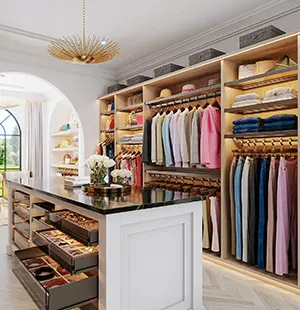 Elegant walk-in closet featuring a center island with jewelry drawers, custom shelving, color-coordinated clothing