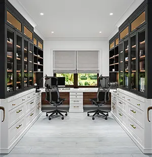 Dual workstation home office with custom cabinetry, featuring white base drawers, black upper glass-front shelving