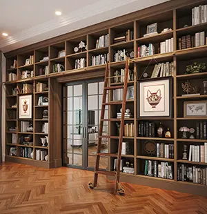 Floor-to-ceiling custom home library with built-in shelving, sliding glass doors, and a rolling ladder for elevated access