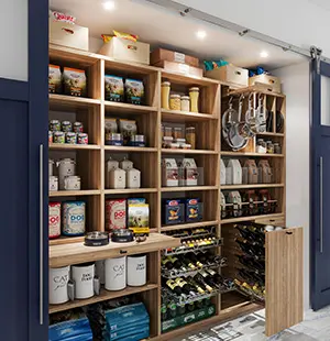 Sleek and organized pantry with wood shelving, pull-out wine racks, dry goods, and cookware neatly stored under sliding barn doors