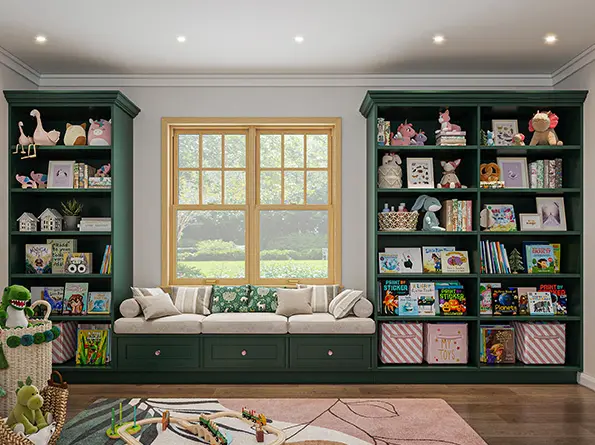 Kids room custom shelving in eucalyptus green melamine