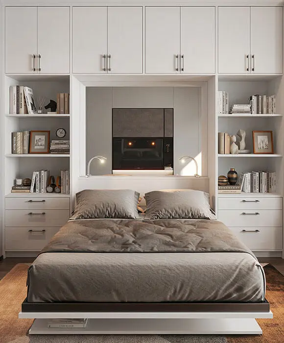 Custom wall bed with built in white cabinetry