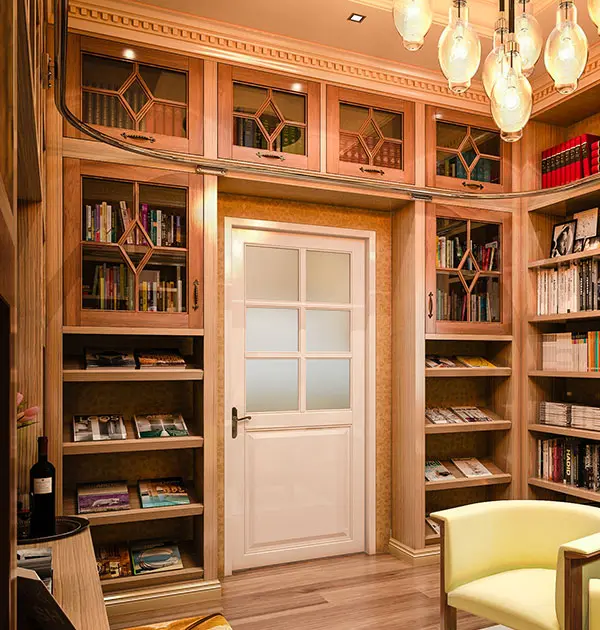 Library French lite doors, slanted periodical shelves, halogen cabinet lights