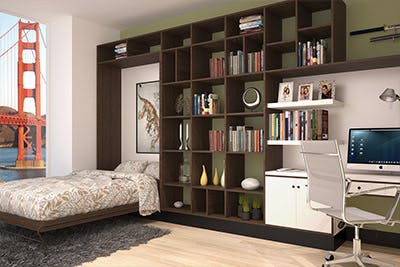 Wall unit has built-in wall bed system and shelving.