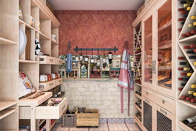 Walk-in pantry closet has shelving on side walls and wallpaper on backwall for decoration.