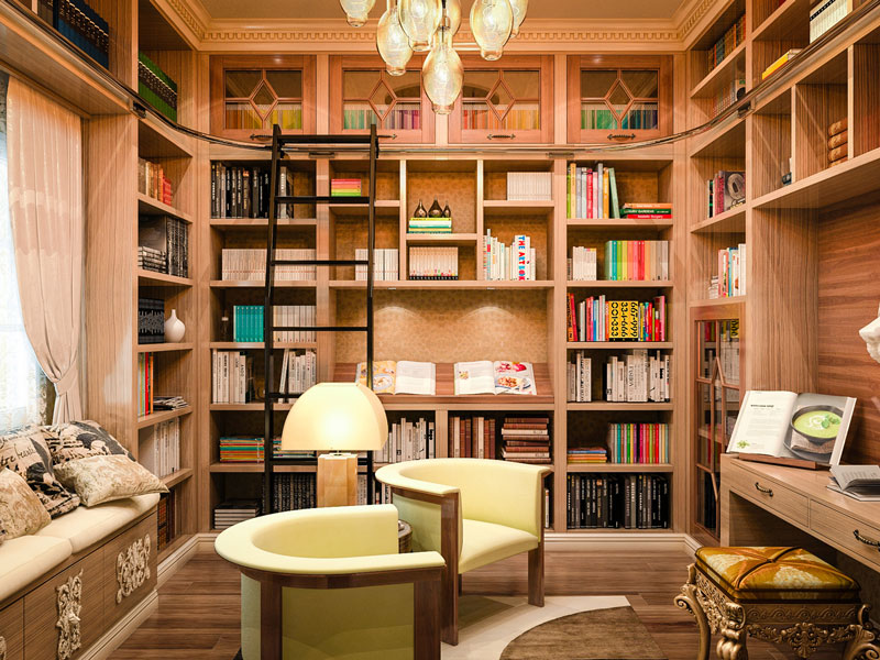 Very high-end library shelving is custom design and installed in a small bedroom.