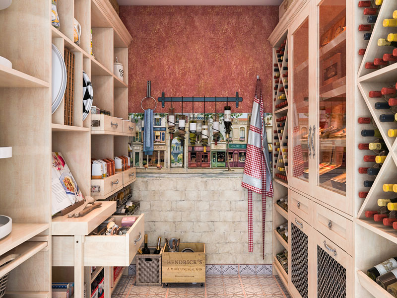 Adorable walk-in pantry closet with Paris street scene wallpaper on the backwall.