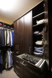 A walk-in closet with cabinet unit
