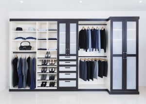 An open-style closet, showing off the contents