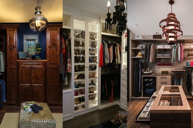 Three examples of closets with chandeliers. One has an island, one has an ottoman, one has an open floor