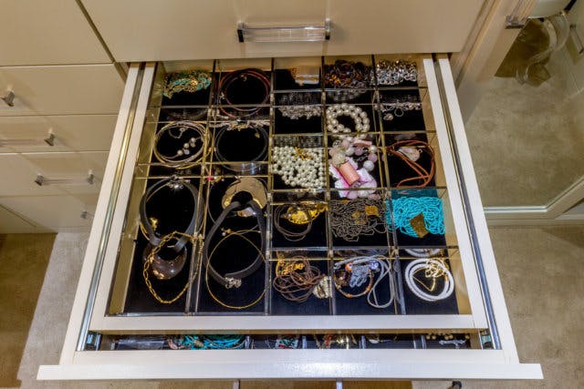 A jewelry drawer with organizing dividers