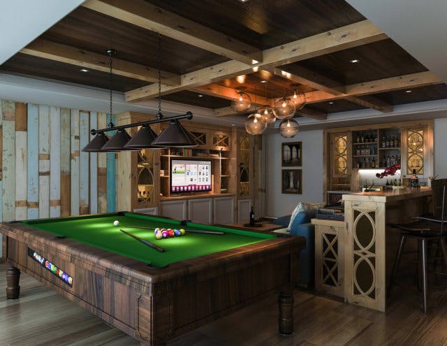 A den room with pool table