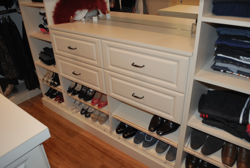 shelves section below drawers for shoes