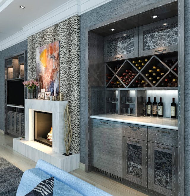A home wine storage next to a fireplace