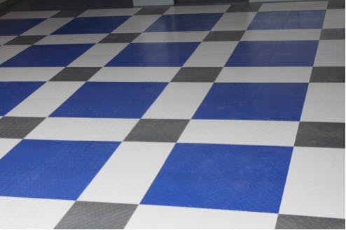 blue, white, and gray garage floor tiles