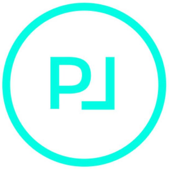 A teal circle. Inside are the letters P and L