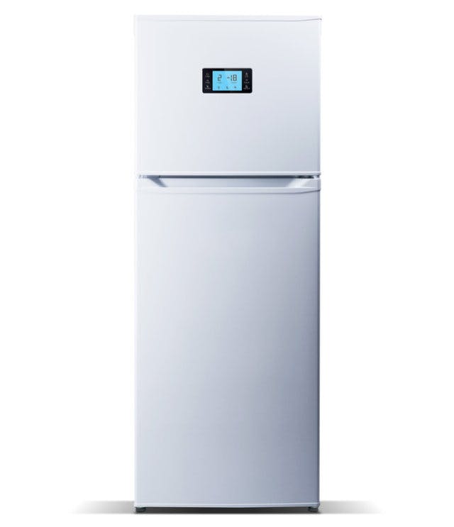 A standing fridge with an LCD panel on the freezer door