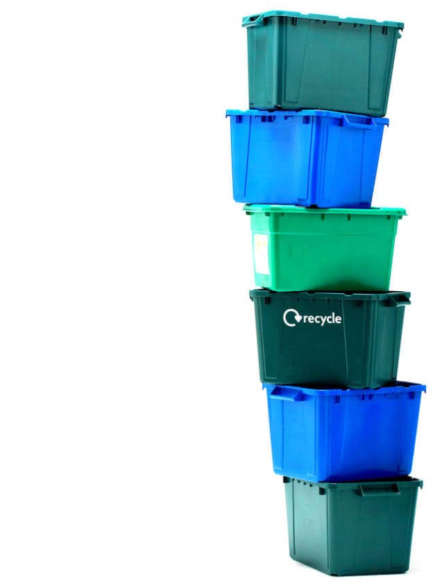 A pile of plastic bins 