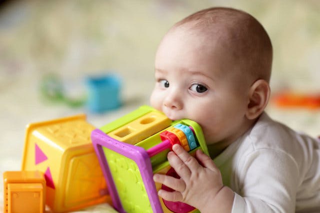 A baby chewing on a toy