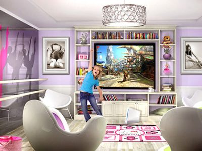 kid room with large entertainment center