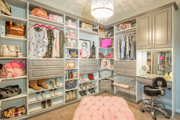 organized closet in grey and white