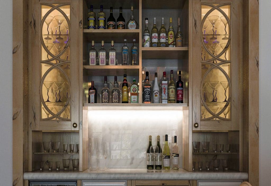 custom home bar with decorative glass doors