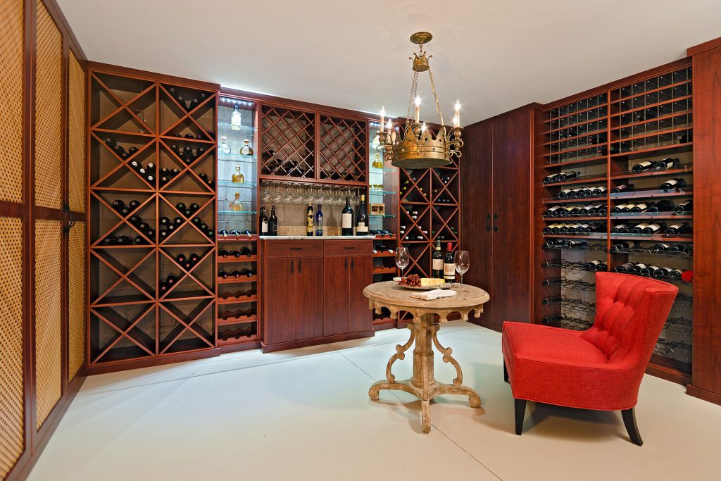 wood wine room with tasting table