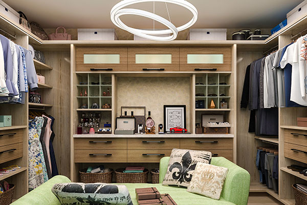 Desktop image of large walk-in closet system in woodgrain with sitting area