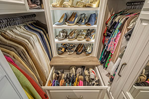 flip flop footwear drawer and shoe display in narrow walk-in closet