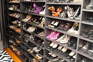 wall of shoe shelves