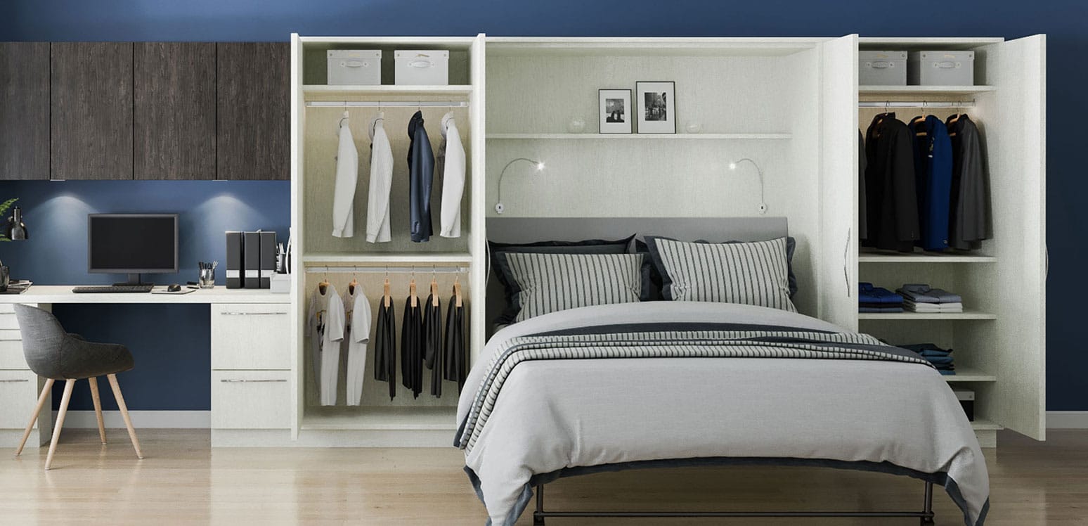 Desktop Image of customized wall bed with cabinets for hanging and storage