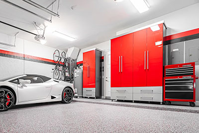 red and grey garage cabinets