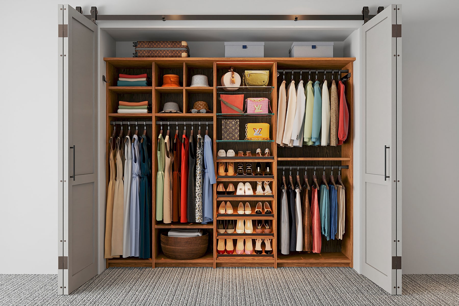 Hanging Closet System With Shelf & Drawers - Wood Closet Designs