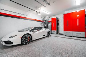Custom red and grey garage cabinets