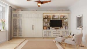 a raised murphy bed with entertainment center