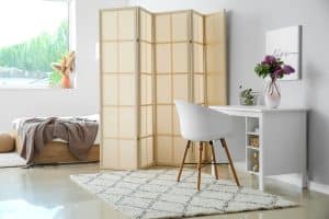 A room divider separates workspace from bedroom
