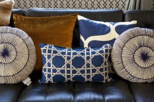 eclectic blue and white pillows