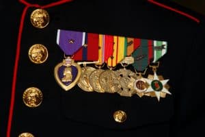 A set of medals pinned to a Marine's chest