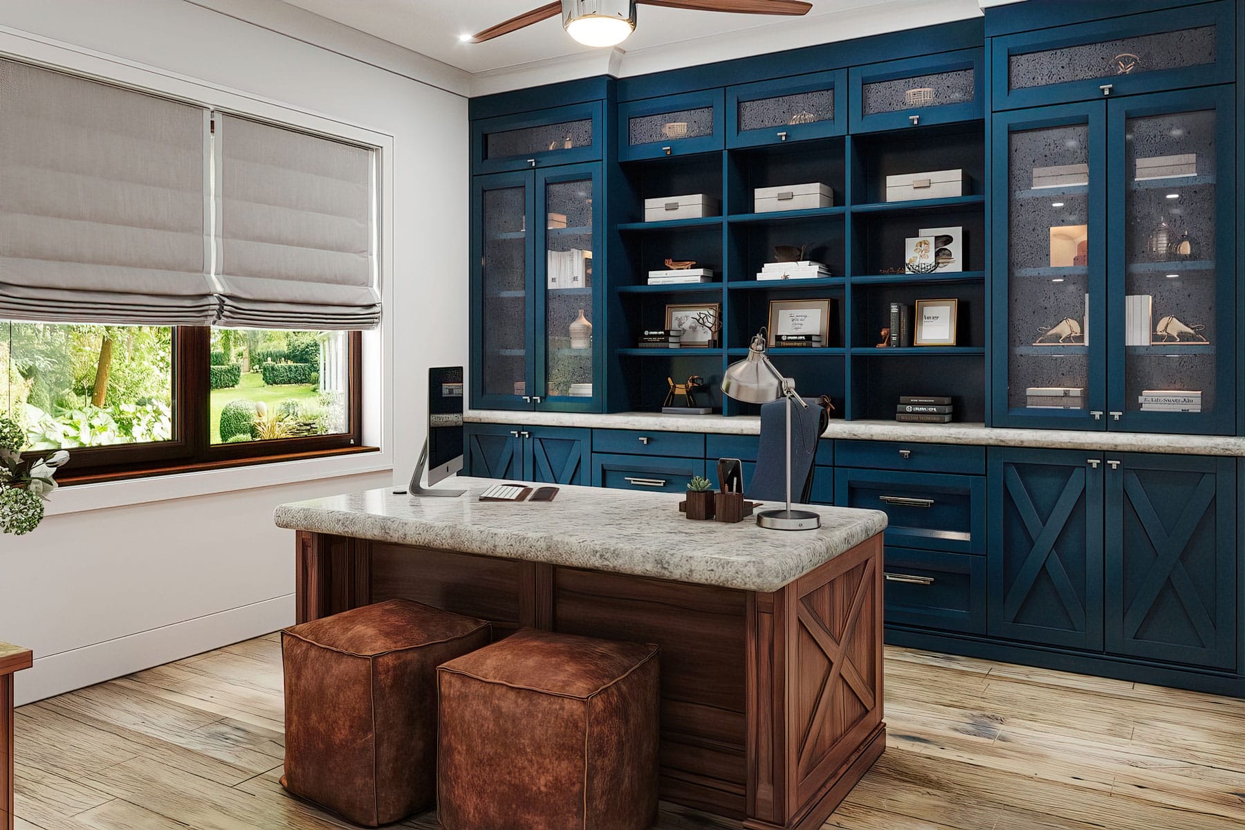 blue custom home office with a separate desk