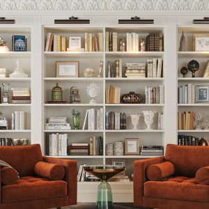 Custom built-in book shelving with decorative crown molding and library lighting