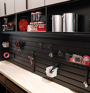 Slatwall Organizer in black in garage built in