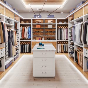 Elegant luxury closet with floor-to-ceiling storage, LED underlighting, valet rods, glass shelving, and a sleek center island with Raised Panel drawers.