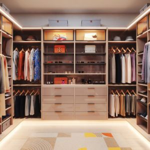 Walk-in closet with Slab drawer fronts, LED-lit upper cubbies, double-hang rods, divided shelving for shoes and accessories, and rich wood grain cabinetry