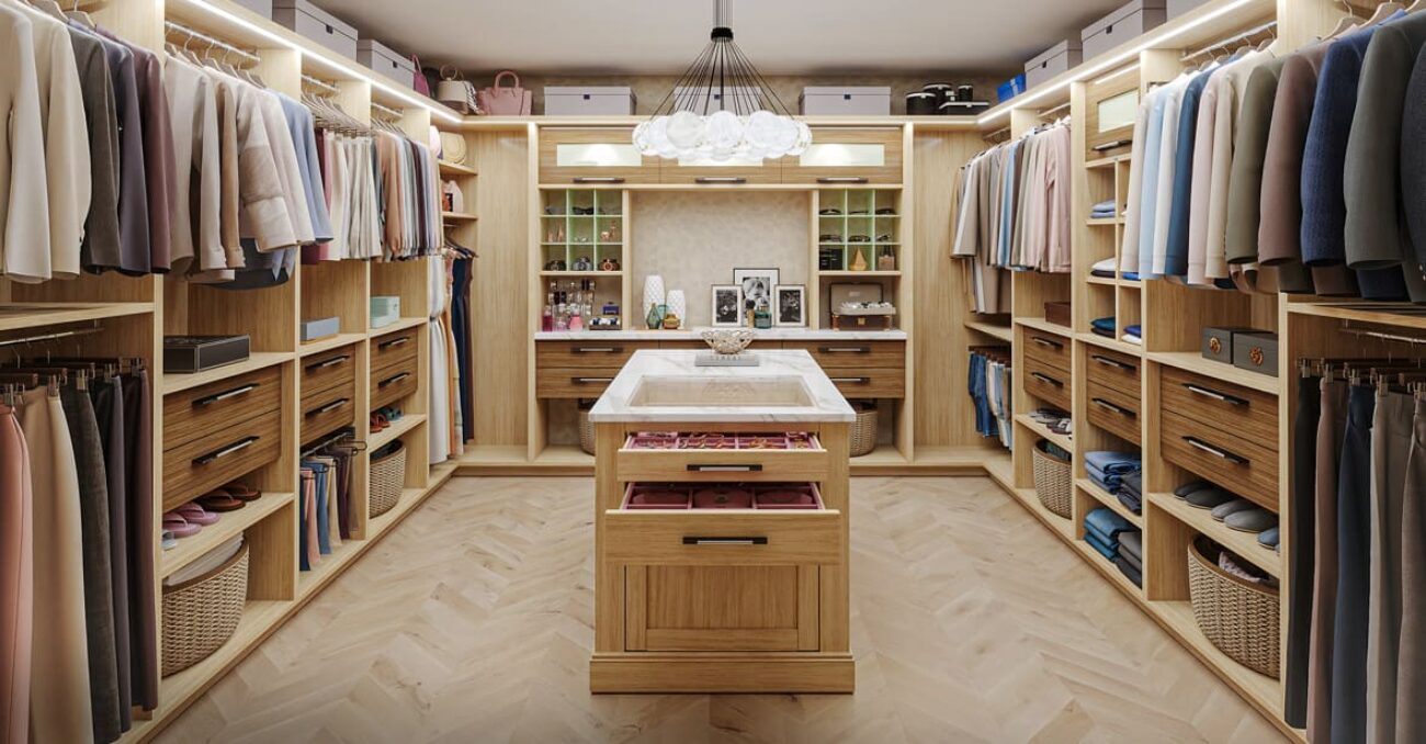 Glass-top island, velvet-lined jewelry drawers, and LED wardrobe lighting. Custom cabinetry in Rhapsody Melamine with concealed pull-out hampers, open cubbies, and dedicated vanity shelving.