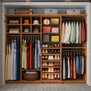 Reach-in custom closet system Glass shoe shelves, triple-hang wardrobe rods, and overhead cubbies optimize every inch of this reach-in closet.