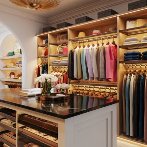 Custom dressing room Rhapsody woodgrain system with illuminated wardrobe rods, angled shoe shelves, velvet-lined jewelry drawers, and glass-front island storage.
